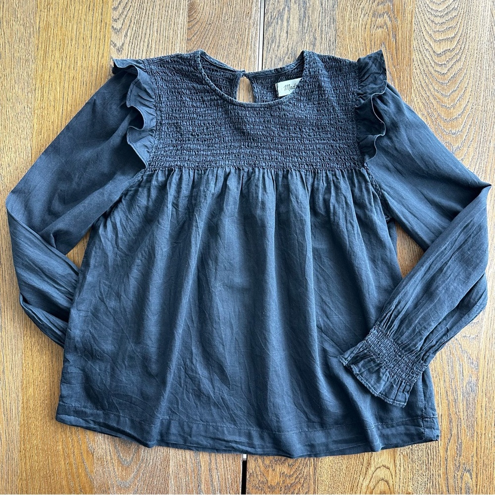 Madewell Black Smocked Bodice Ruffle Shoulder Peasant Top - Picture 2 of 12